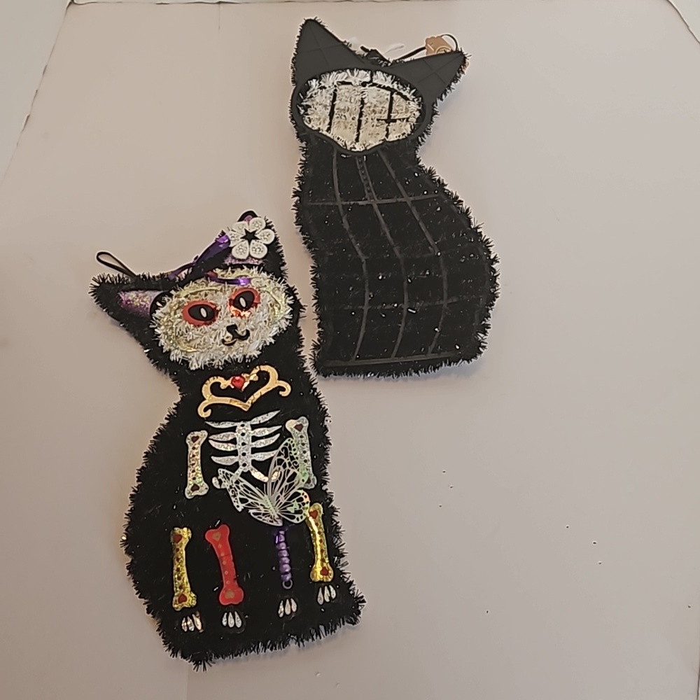 Hand crafted Halloween Cats Set of 2 Black Cats Handmade Holographic Bone detail - Picture 11 of 17